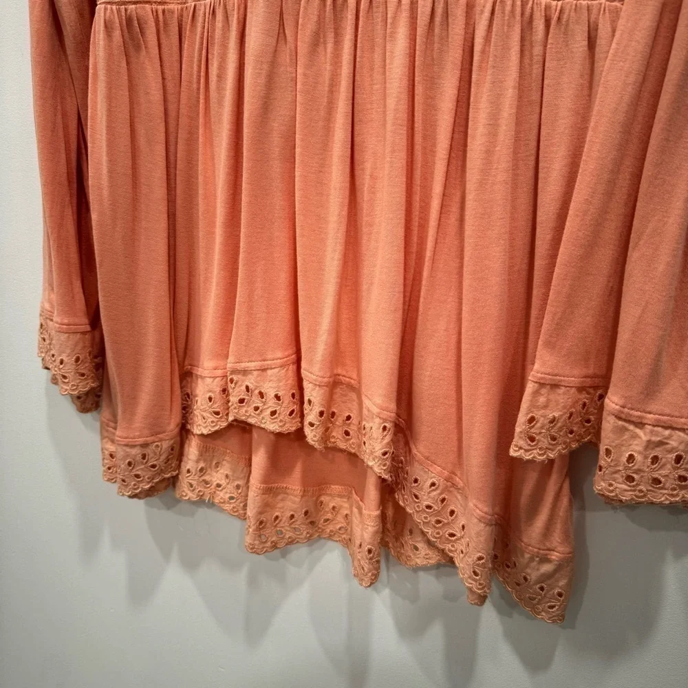 Free People Sea Of Love Top Eyelet Embroidered Fell Sleeve High Low Medium